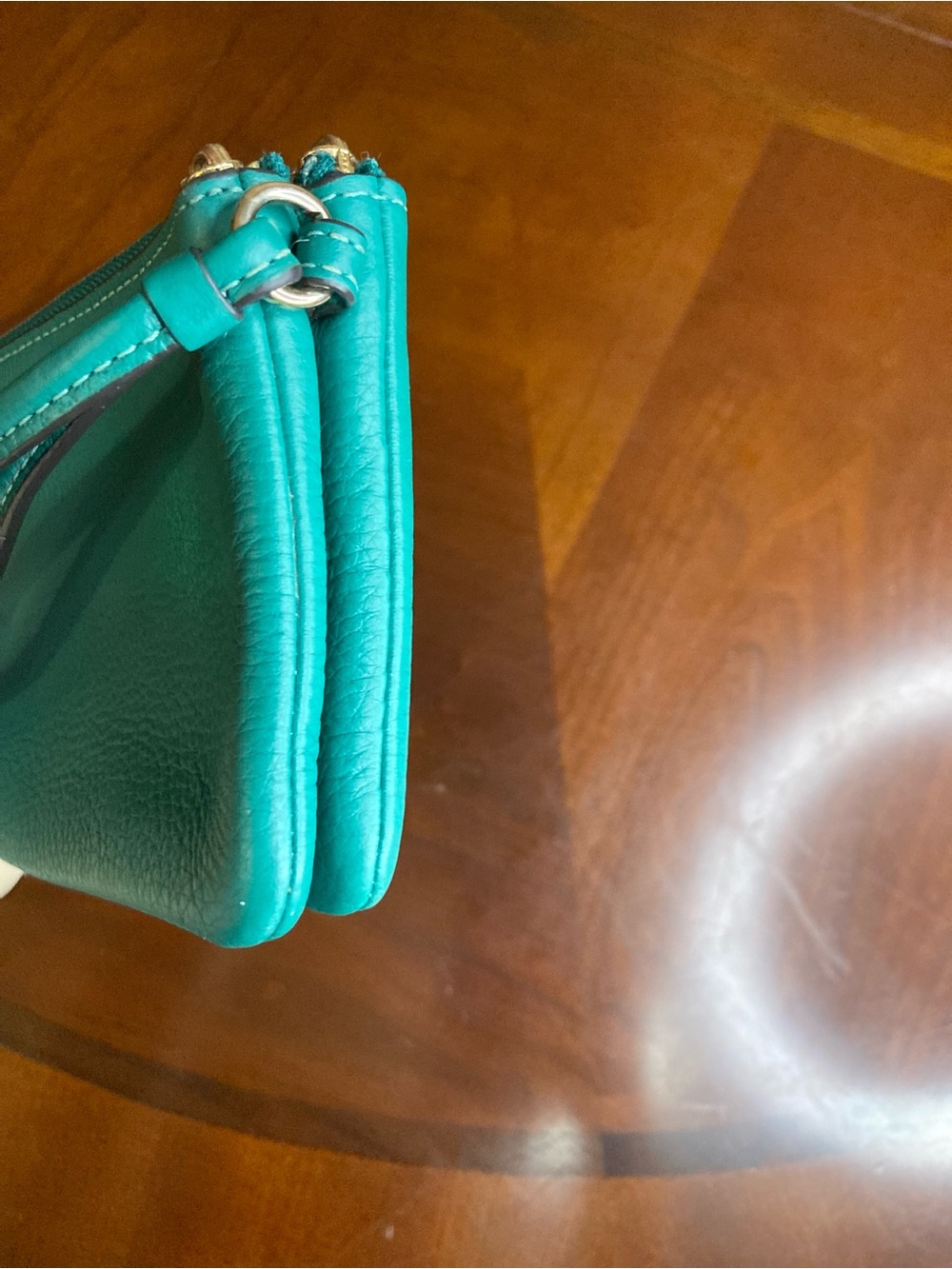 Coach CP483 Shamrock Green Pebbled Leather Corner Double Zip Wristlet EUC - Picture 6 of 12